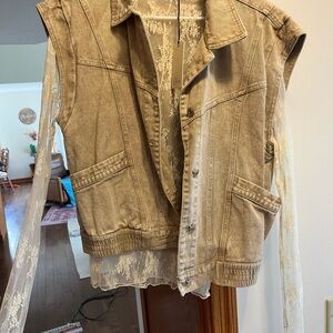 Women's Tan Denim Vest with Lace Sleeves